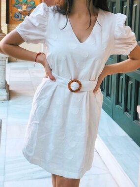 J.O.A. Ivory white cotton V-Neck Puff Sleeve Mini Dress with Buckle Belt